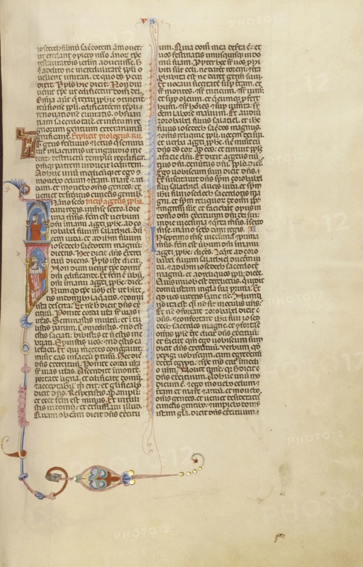 Initial I: A Man Wearing a Crown and a Man Working; Bologna, Emilia-Romagna, Italy; about 1280 - 1290; Tempera colors, gold leaf