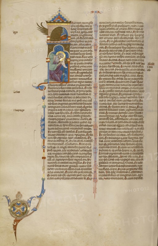 Initial I: Saint Mark with His Symbol; Bologna, Emilia-Romagna, Italy; about 1280 - 1290; Tempera colors, gold leaf, and ink