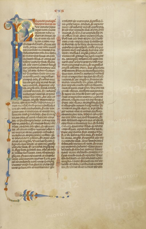 Initial F: Saint Luke with the Head of His Symbol; Bologna, Emilia-Romagna, Italy; about 1280 - 1290; Tempera colors, gold leaf
