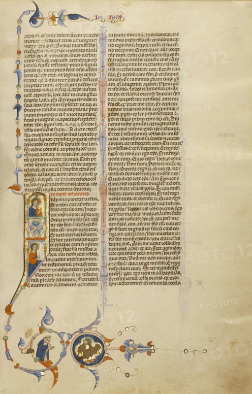 Initial I: Christ and Saint John the Evangelist; Bologna, Emilia-Romagna, Italy; about 1280 - 1290; Tempera colors, gold leaf