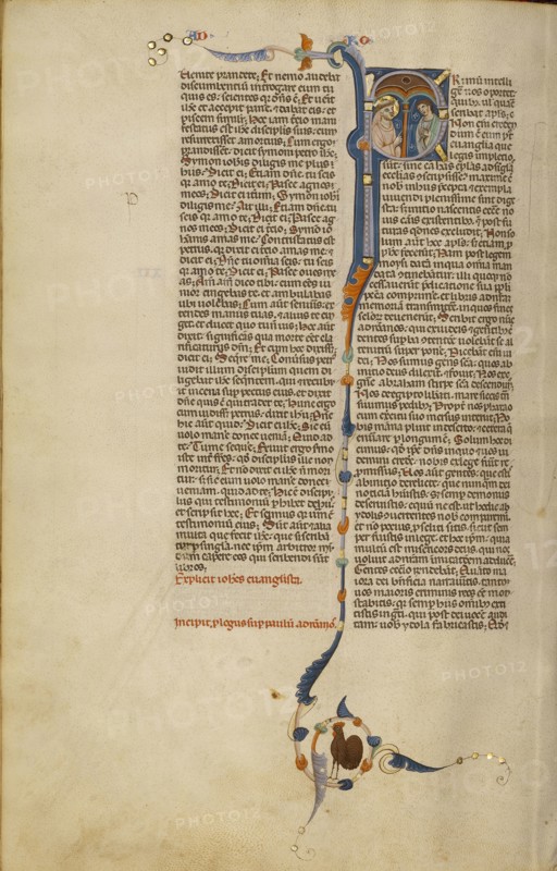Initial P: A Monk and a Lay Person in Conversation; Bologna, Emilia-Romagna, Italy; about 1280 - 1290; Tempera colors, gold leaf