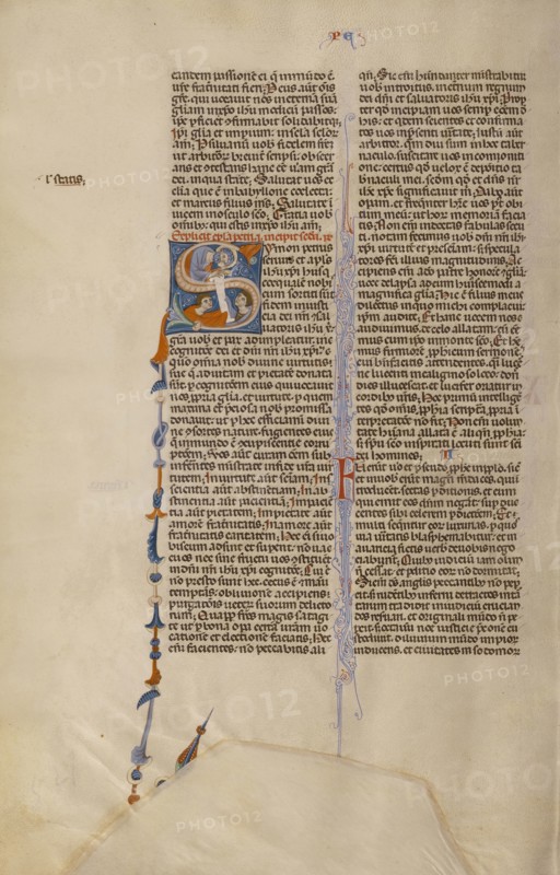 Initial S: Two Men Receive Peter's Letter; Bologna, Emilia-Romagna, Italy; about 1280 - 1290; Tempera colors, gold leaf, and ink