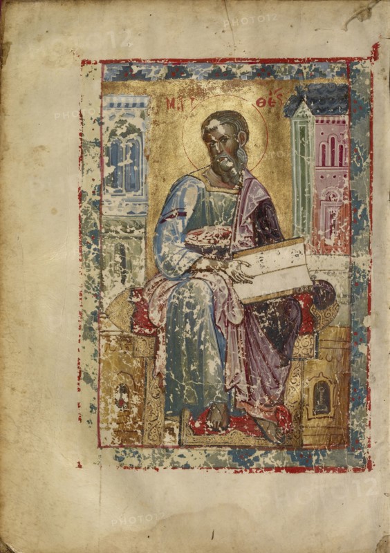 Saint Matthew Seated; Nicaea, Turkey; early 13th century; Tempera colors and gold leaf on parchment; Leaf: 20.6 x 14.9 cm