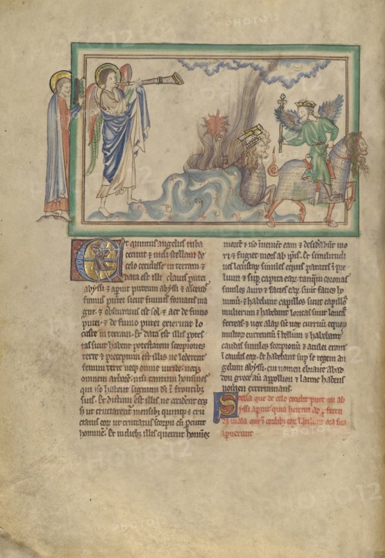 The Fifth Trumpet: The Angel of Destruction and the Locusts; London, probably, England; about 1255 - 1260; Tempera colors, gold