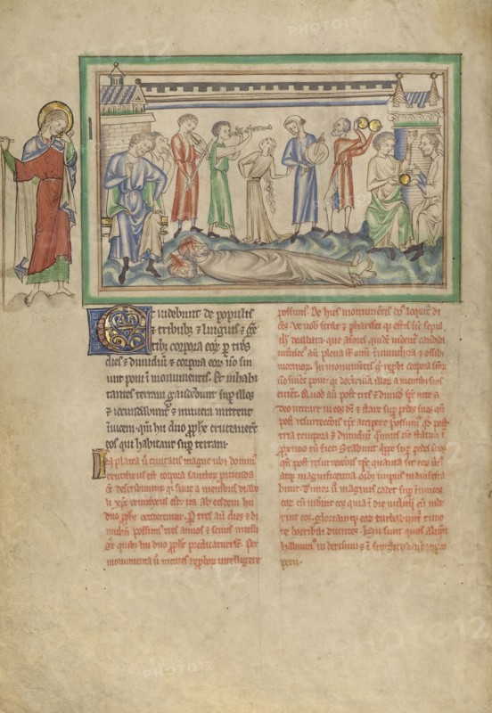 The Unburied Bodies of the Two Witnesses and the Rejoicing People; London, probably, England; about 1255 - 1260; Tempera colors