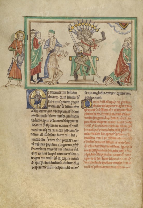 The Beast Enthroned; London, probably, England; about 1255 - 1260; Tempera colors, gold leaf, colored washes, pen and ink