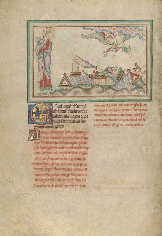 The Second Angel and Babylon Destroyed; London, probably, England; about 1255 - 1260; Tempera colors, gold leaf, colored washes