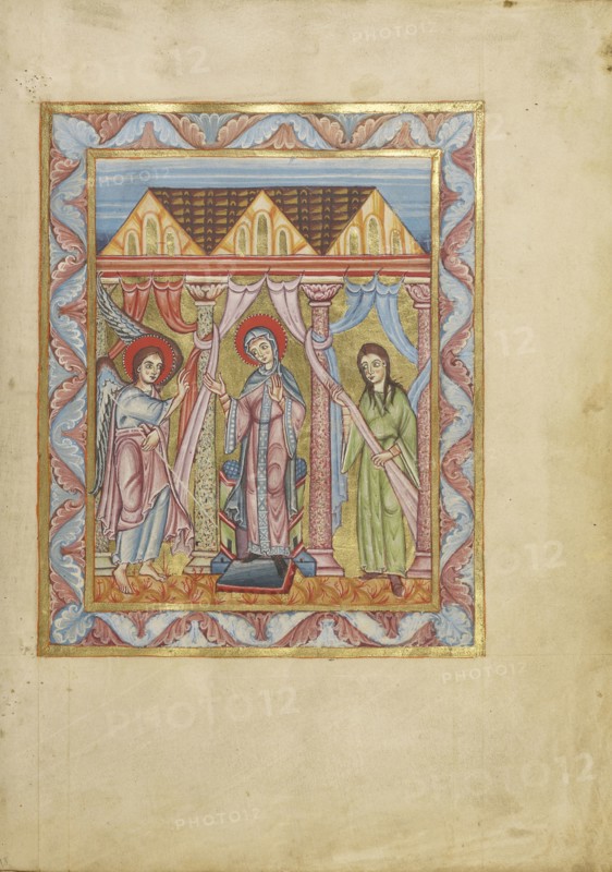 The Annunciation; Mainz, Germany; about 1025 - 1050; Tempera colors and gold on parchment; Ms. Ludwig V 2, fol. 18
