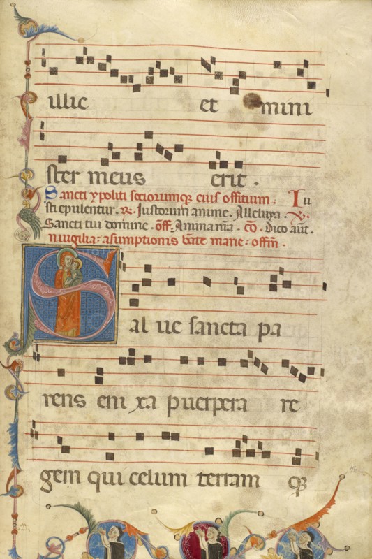 Initial S: The Virgin and Three Dominican Nuns in Prayer; Jacobellus of Salerno, Italian, active about 1270, Bologna
