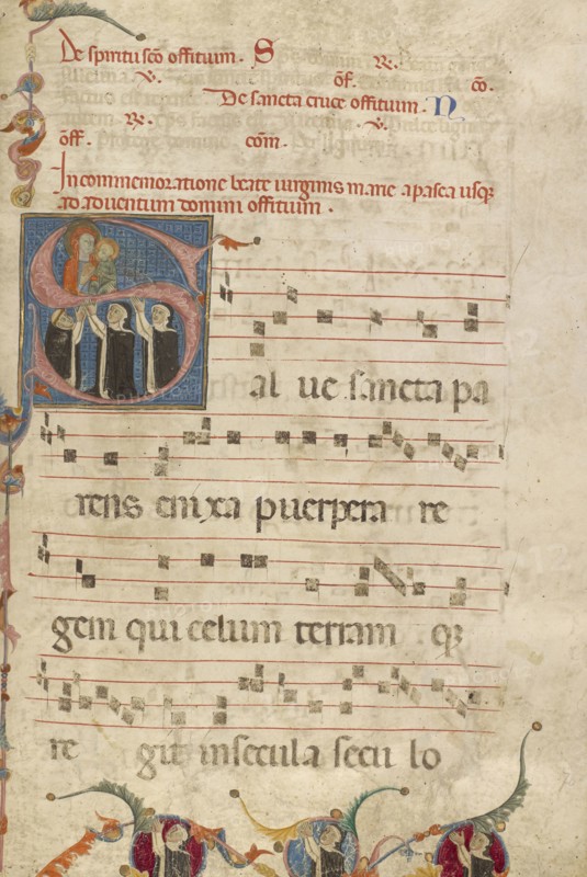 Initial S: The Virgin and Two Dominican Nuns and One Friar in Prayer; Jacobellus of Salerno, Italian, active about 1270