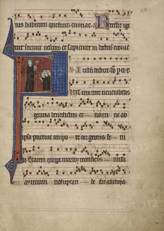 Initial F: Saint Benedict Blessing a Group of Monks; Northeastern France, France; about 1260 - 1270; Tempera colors, gold leaf