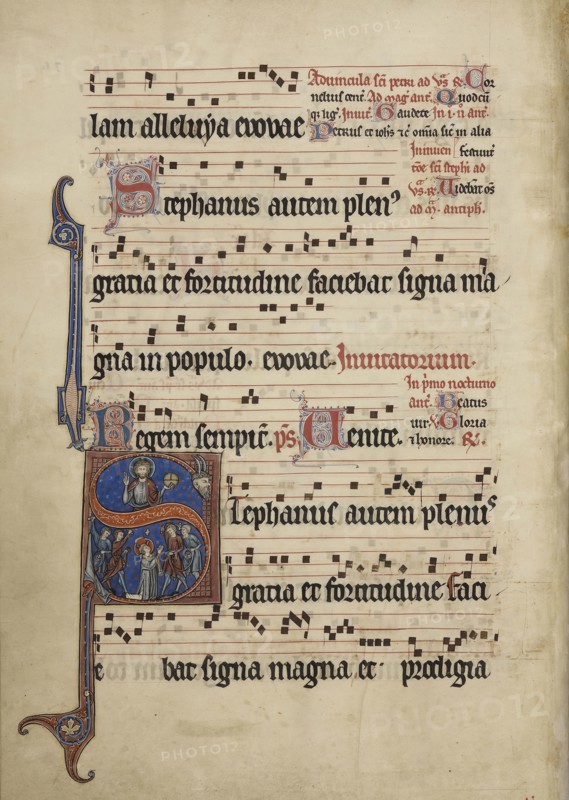 Initial S: The Stoning of Saint Stephen; Northeastern France, France; about 1260 - 1270; Tempera colors, gold leaf, silver