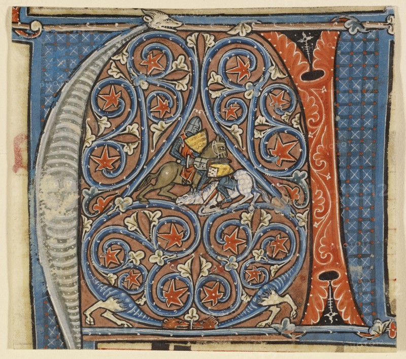 Initial A: Alexander the Great Defeating Darius; Cambron, Belgium; about 1260 - 1270; Gold paint and tempera colors on parchment