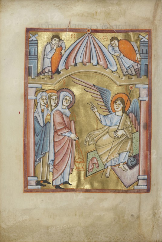 The Women at the Tomb; Regensburg, Bavaria, Germany; about 1030 - 1040; Tempera colors, gold leaf, and ink on parchment; Leaf