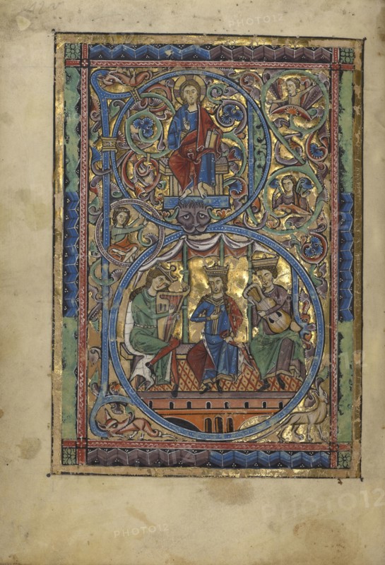 Initial B: Christ in Majesty and David with Musicians; Würzburg, Germany; about 1240 - 1250; Tempera colors, gold leaf