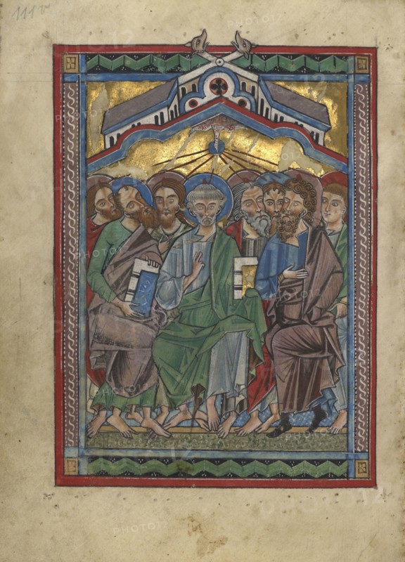 Pentecost; Würzburg, Germany; about 1240 - 1250; Tempera colors, gold leaf, and silver leaf on parchment; Leaf: 22.7 x 15.7 cm