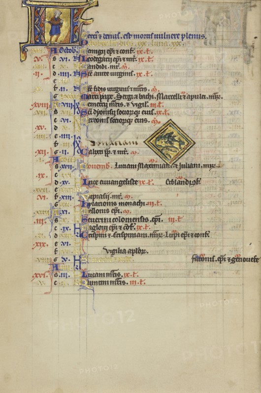 A Man Sowing; Zodiacal Sign of Scorpio; Paris, France; about 1250 - 1260; Tempera colors, gold leaf, and ink on parchment; Leaf