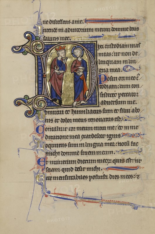 Initial D: David and Christ; Paris, France; about 1250 - 1260; Tempera colors, gold leaf, and ink on parchment; Leaf