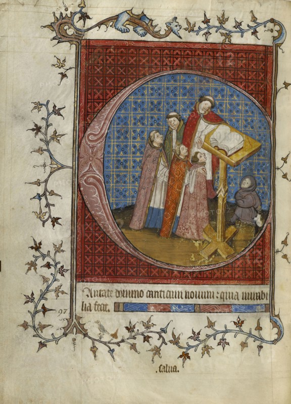 Initial C: Clerics Singing from a Choir Book; Paris, France; about 1390; Tempera colors, gold leaf, and ink on parchment; Leaf