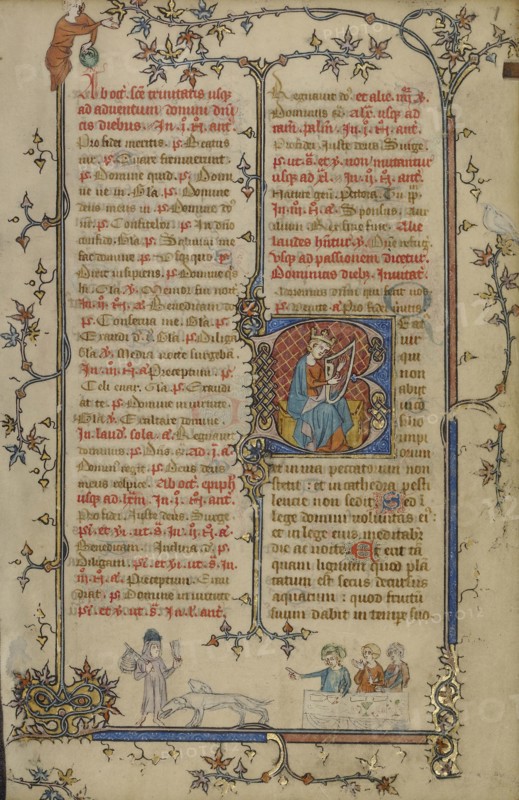 Initial B: David Playing the Harp; Paris, France; about 1320 - 1325; Tempera colors, gold leaf, and ink on parchment; Leaf