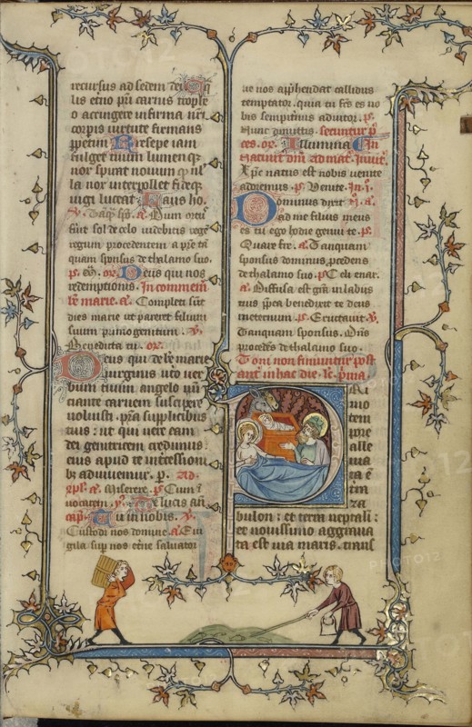 Initial P: The Nativity; Paris, France; about 1320 - 1325; Tempera colors, gold leaf, and ink on parchment; Leaf: 16.7 x 11.1 cm