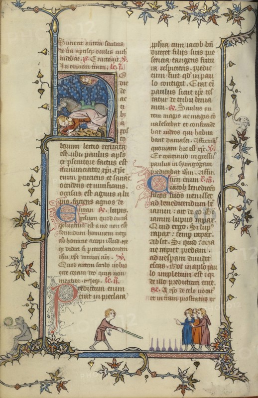 Initial H: The Conversion of Saint Paul; Paris, France; about 1320 - 1325; Tempera colors, gold leaf, and ink on parchment; Leaf