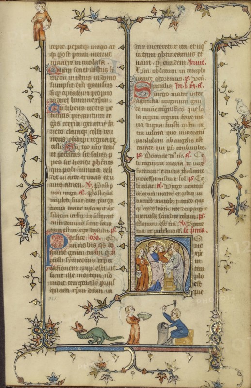 Initial H: The Presentation in the Temple; Paris, France; about 1320 - 1325; Tempera colors, gold leaf, and ink on parchment