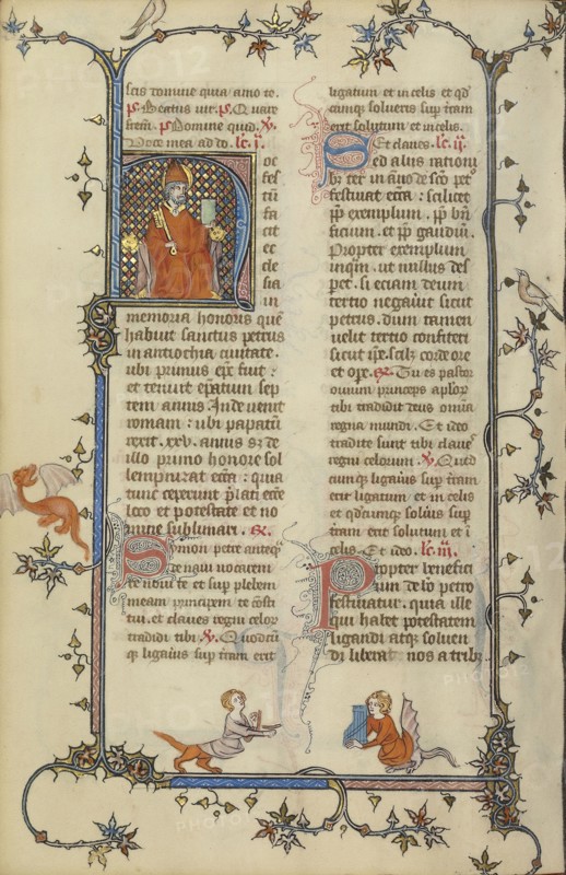 Initial H: Saint Peter Enthroned with a Key and a Book; Paris, France; about 1320 - 1325; Tempera colors, gold leaf, and ink