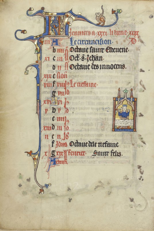 Janus Feasting; Northeastern France, France; about 1300; Tempera colors, gold leaf, and ink on parchment; Leaf: 26.4 x 18.3 cm