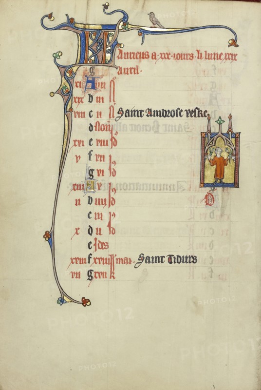 A Young Man Carrying Two Plants; Northeastern France, France; about 1300; Tempera colors, gold leaf, and ink on parchment; Leaf