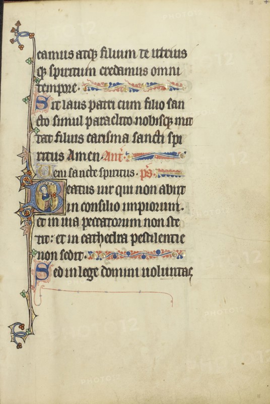 Initial B: A Female Saint; Northeastern France, France; about 1300; Tempera colors, gold leaf, and ink on parchment; Leaf