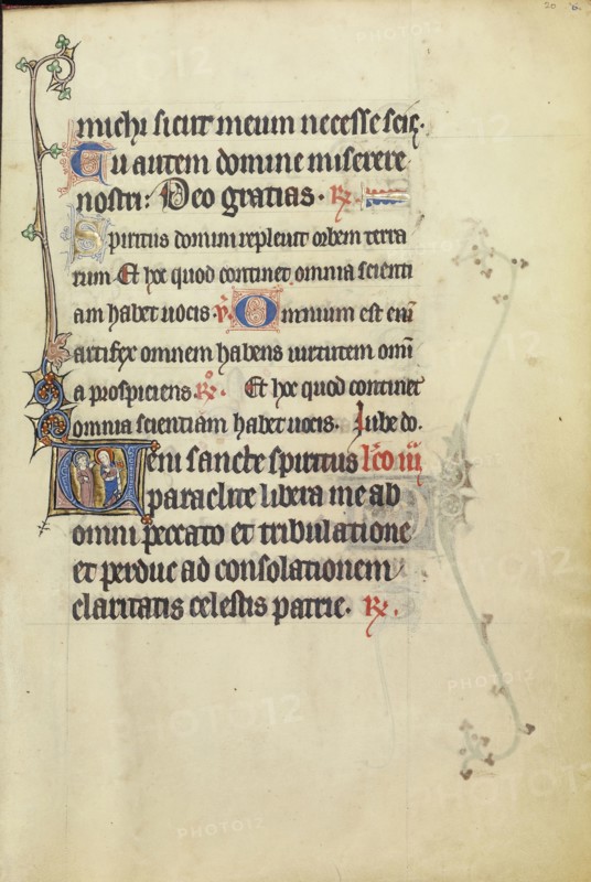Initial V: A Male Saint and a Female Saint in Conversation; Northeastern France, France; about 1300; Tempera colors, gold leaf