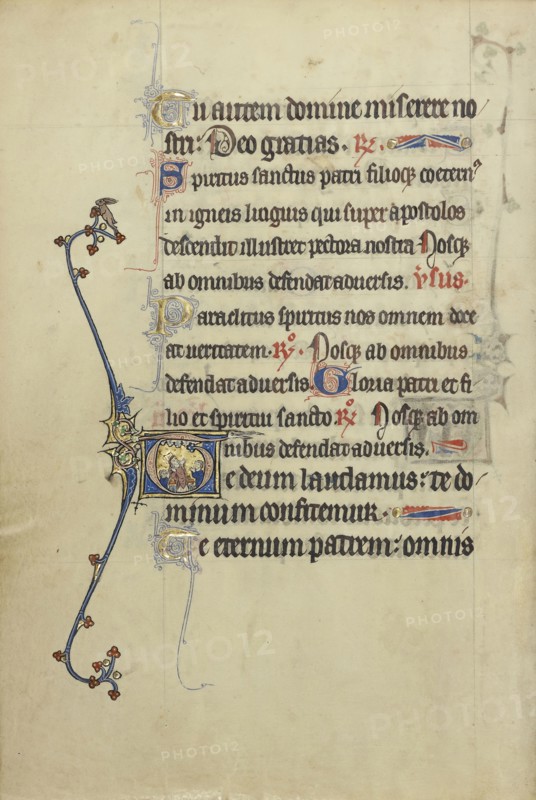 Initial T: A Cleric with Two Assistants; Northeastern France, France; about 1300; Tempera colors, gold leaf, and ink
