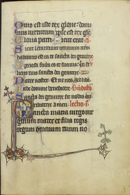Initial S: The Virgin and Child with Two Men in Prayer; Northeastern France, France; about 1300; Tempera colors, gold leaf