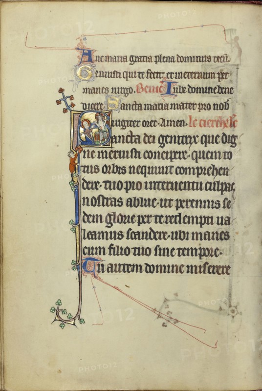 Initial S: The Virgin Mary Interceding for a Young Man before Christ Showing his Wounds; Northeastern France, France; about 1300