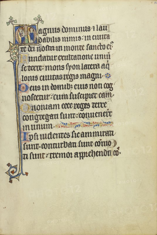 Initial M: The Virgin and Child with a Saint; Northeastern France, France; about 1300; Tempera colors, gold leaf, and ink