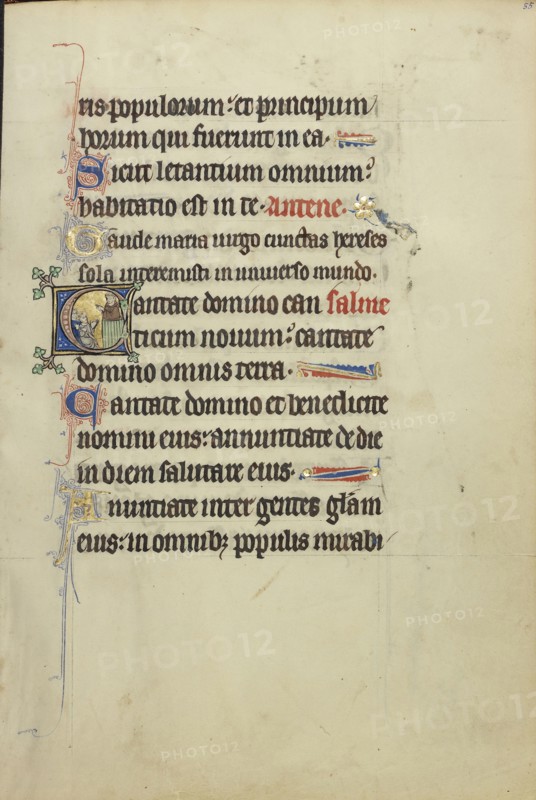 Initial C: A Monk, possibly Franciscan, Preaching from a Pulpit; Northeastern France, France; about 1300; Tempera colors, gold