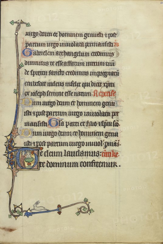 Initial T: A Nimbed Cleric Baptizing Another Nimbed and Tonsured Cleric, The Baptism of Saint Augustine by Saint Ambrose