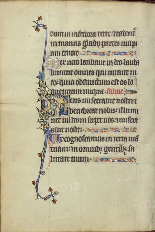 Initial D: A Nimbed Man Speaking to Two Persons; Northeastern France, France; about 1300; Tempera colors, gold leaf, and ink