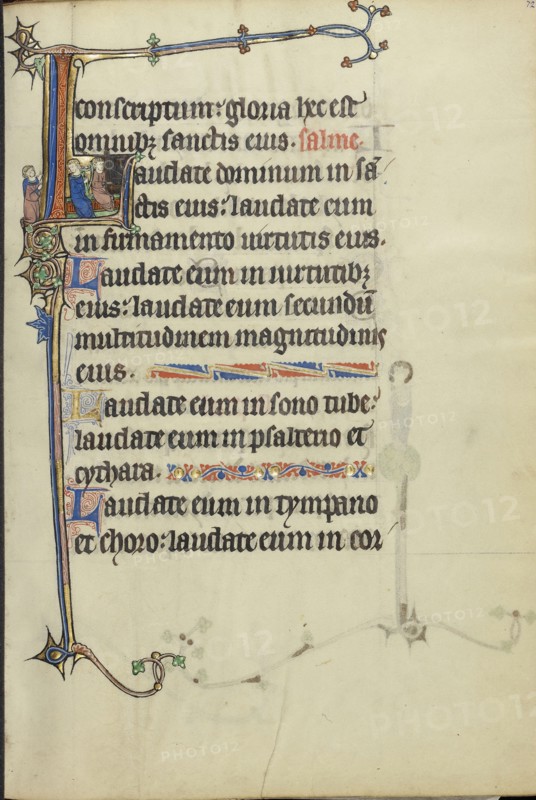 Initial L: Two Men Playing a Harp and a Hand Organ; Northeastern France, France; about 1300; Tempera colors, gold leaf, and ink