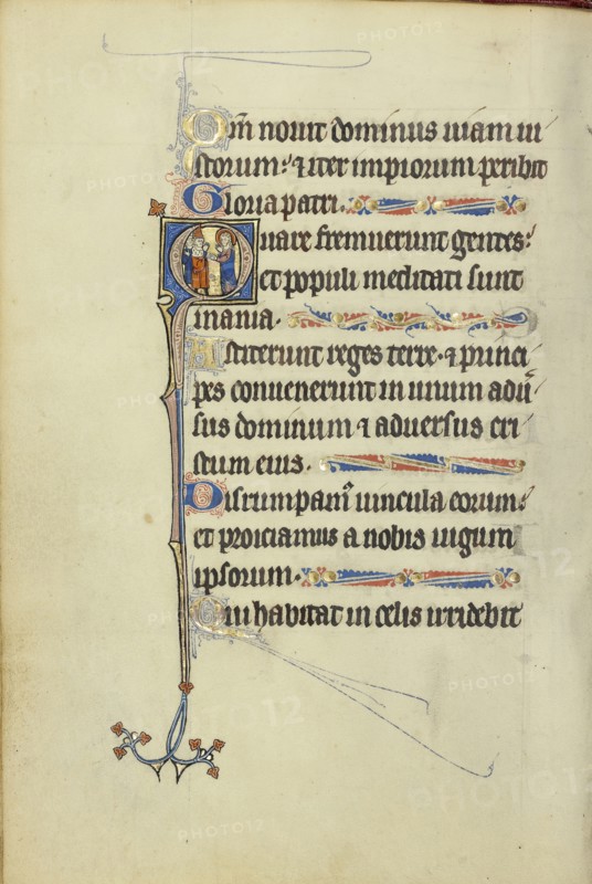 Initial H: A Deacon in Prayer before a Saint with a Book and Martyr's Palm; Northeastern France, France; about 1300; Tempera