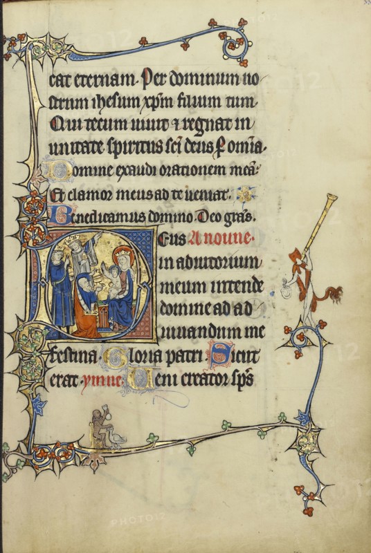 Initial D: The Adoration of the Magi; Northeastern France, France; about 1300; Tempera colors, gold leaf, and ink on parchment