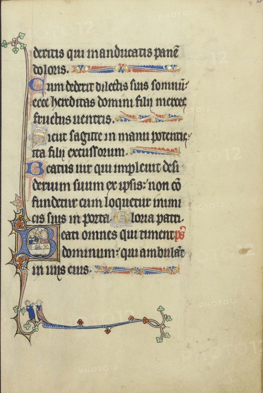 Initial B: Man and Woman Sitting at a Table; Northeastern France, France; about 1300; Tempera colors, gold leaf, and ink