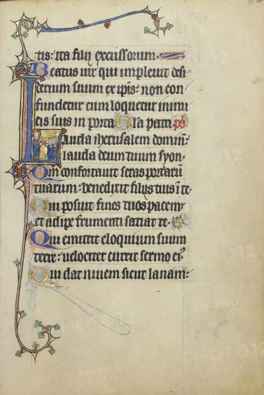 Initial L: Christ Speaking to Four Men; Northeastern France, France; about 1300; Tempera colors, gold leaf, and ink on parchment