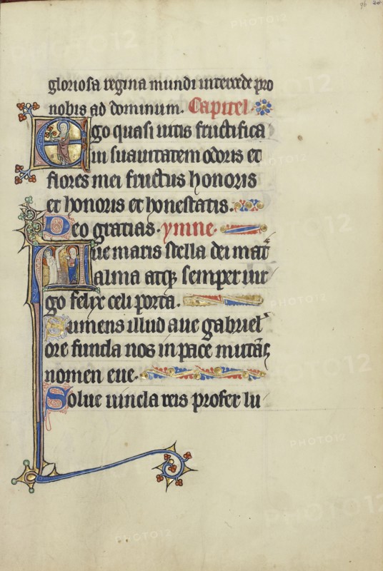 Initial E: A Female Saint, Mary?, with a Book and Flowers; Initial A: The Annunciation; Northeastern France, France; about 1300