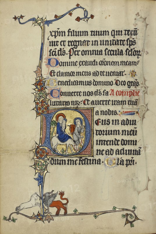 Initial D: The Flight into Egypt; Northeastern France, France; about 1300; Tempera colors, gold leaf, and ink on parchment; Leaf