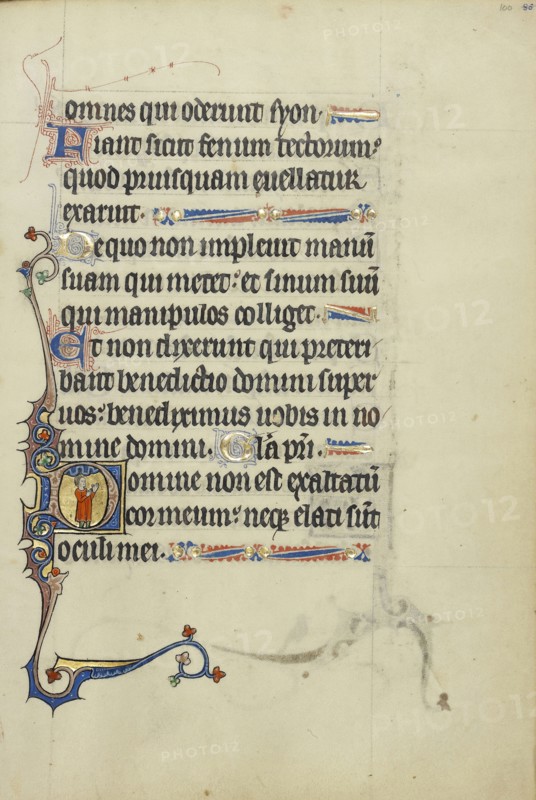 Initial D: A Young Man in Prayer; Northeastern France, France; about 1300; Tempera colors, gold leaf, and ink on parchment; Leaf