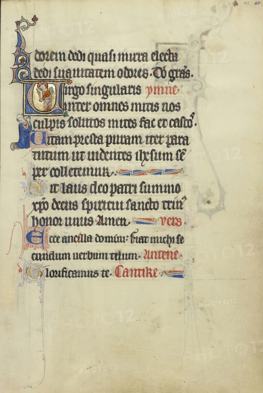 Initial V: A Crowned Female Saint with a Book and a Martyr's Palm; Northeastern France, France; about 1300; Tempera colors, gold