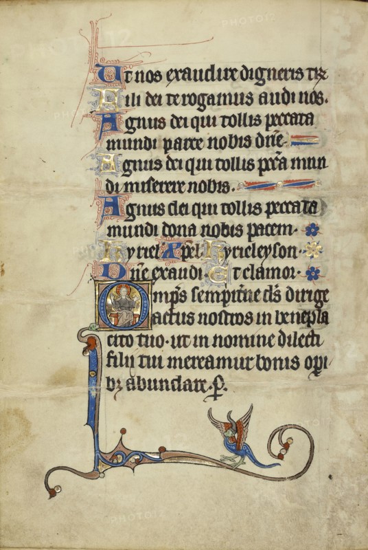 Initial O: The Lord Enthroned; Northeastern France, France; about 1300; Tempera colors, gold leaf, and ink on parchment; Leaf