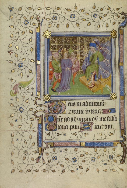 Christ before Pilate; Paris, France; about 1400 - 1410; Tempera colors, gold leaf, gold paint, and ink on parchment; Leaf